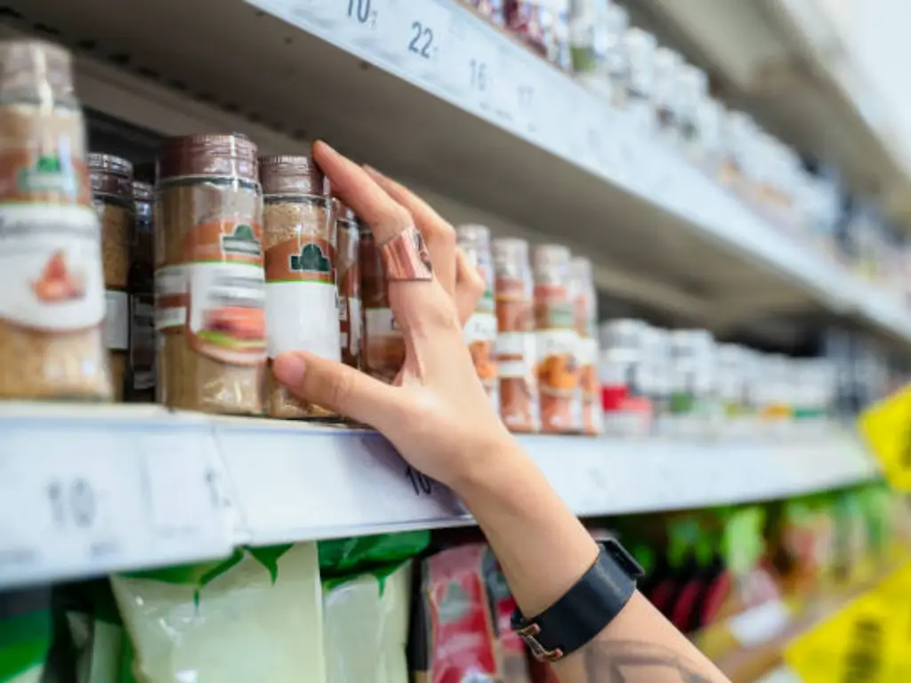 people choosing the spices and seasoning in the supermarket shelf